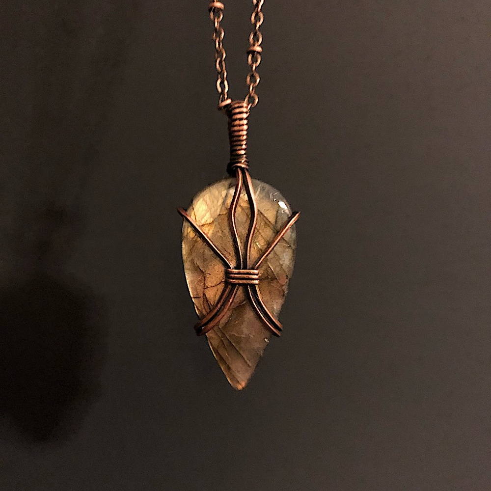 Hand Crafted Oxidized Copper satellite Chain Necklace w/ Labradorite Pendant
